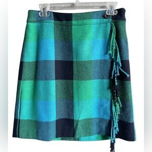 Talbots Plaid Fringe Wrap Skirt A-Line Teal Green Black Tartan Women’s Size 4